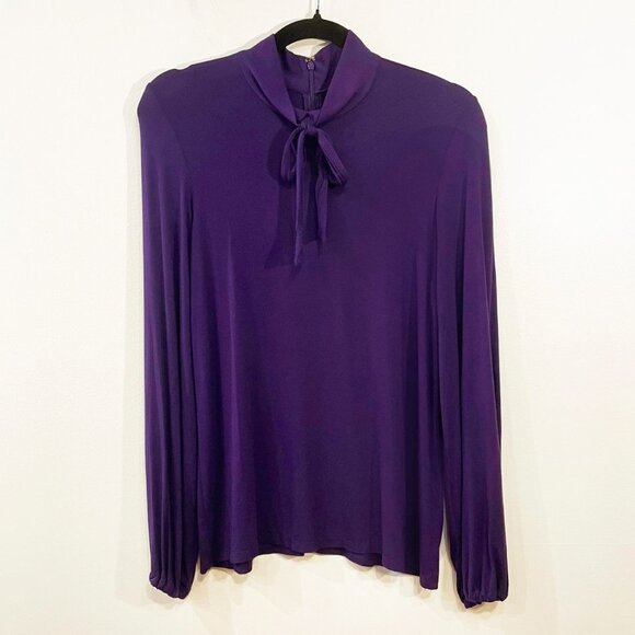 New LRL Tie Neck Jersey Knit Top Royal Purple Medium - Picture 1 of 6